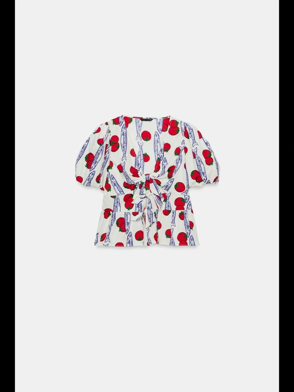 Zara White Puff-Sleeve Tie-Front Blouse with Red Tomato Print